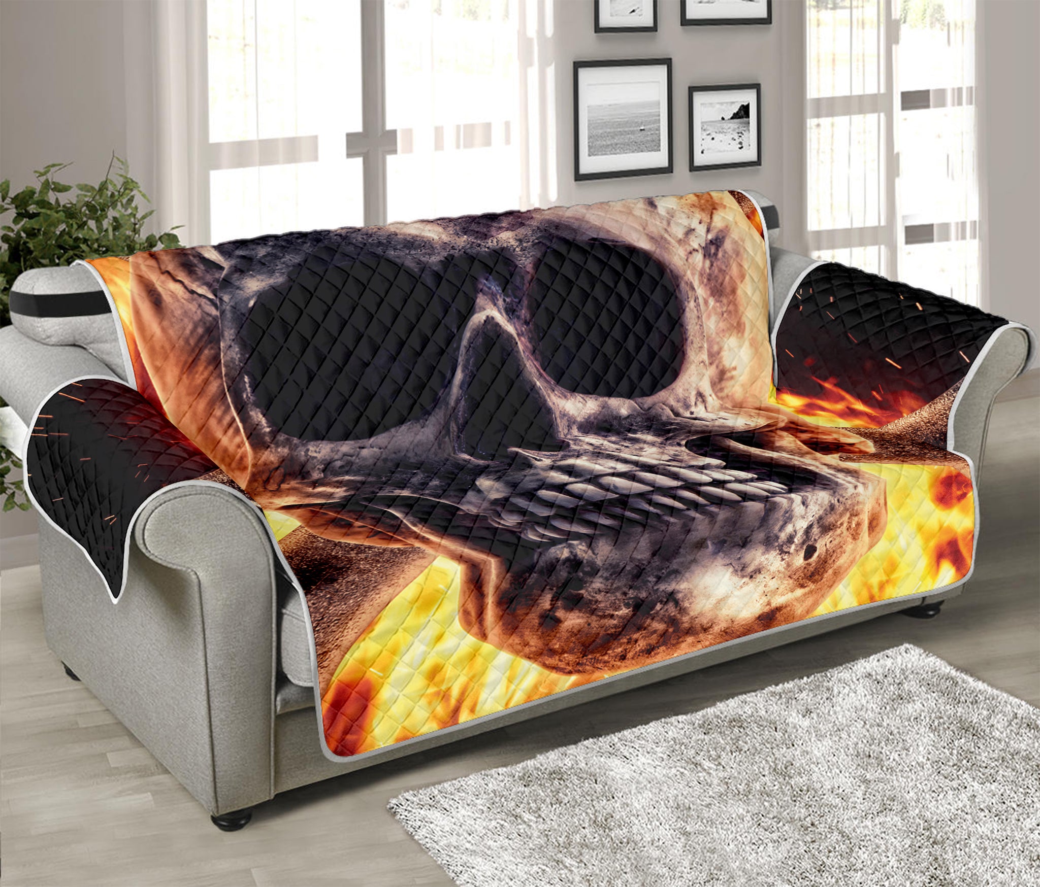 Flaming Skull And Cross Wrench Print Sofa Protector