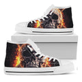 Flaming Skull And Cross Wrench Print White High Top Sneakers