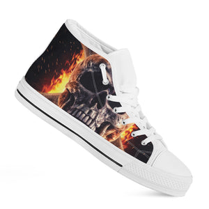 Flaming Skull And Cross Wrench Print White High Top Shoes