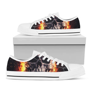 Flaming Skull And Cross Wrench Print White Low Top Shoes