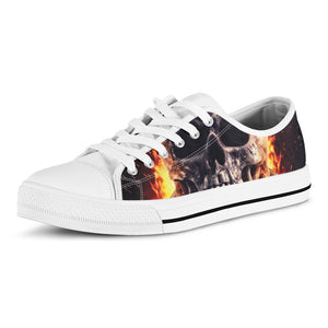 Flaming Skull And Cross Wrench Print White Low Top Shoes