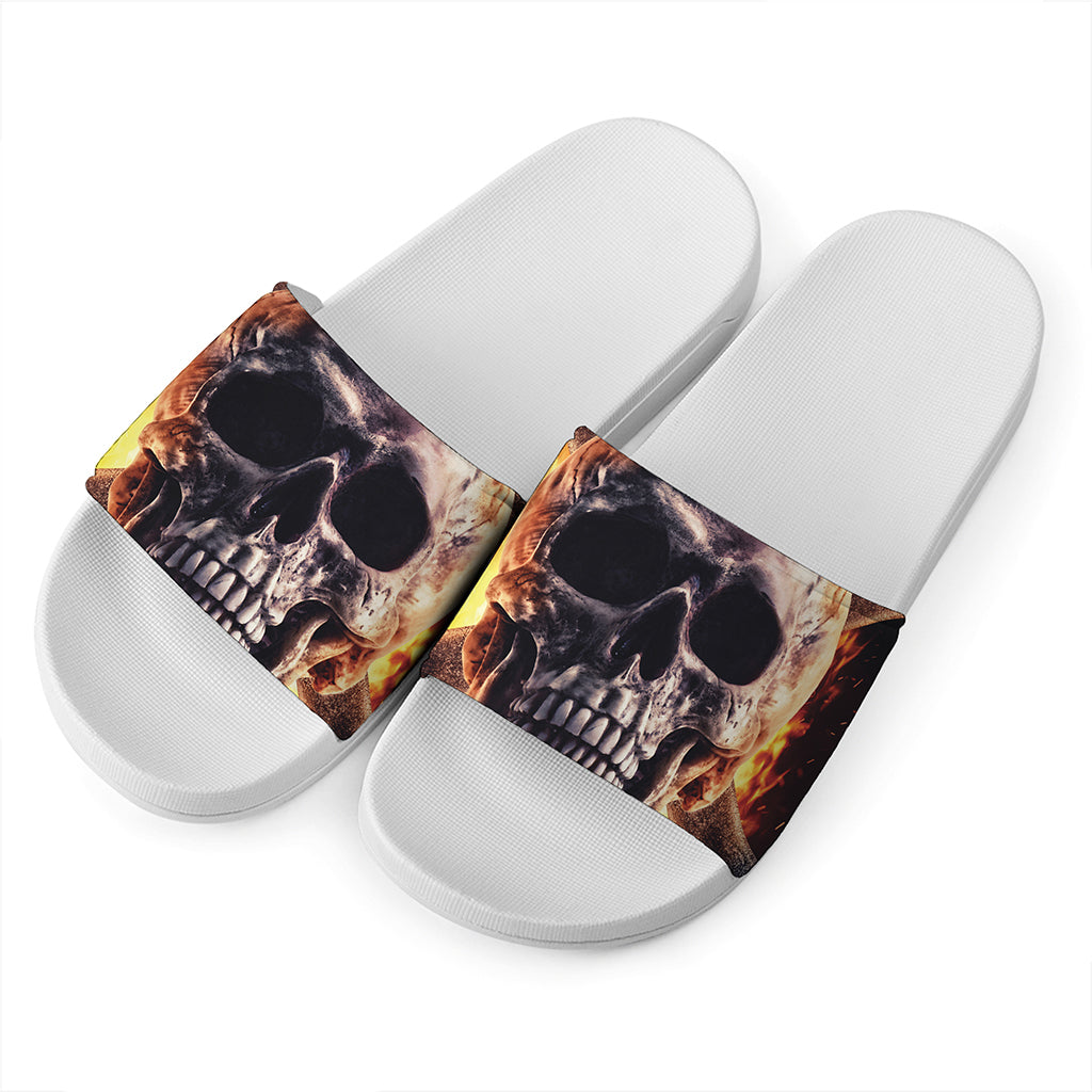 Flaming Skull And Cross Wrench Print White Slide Sandals