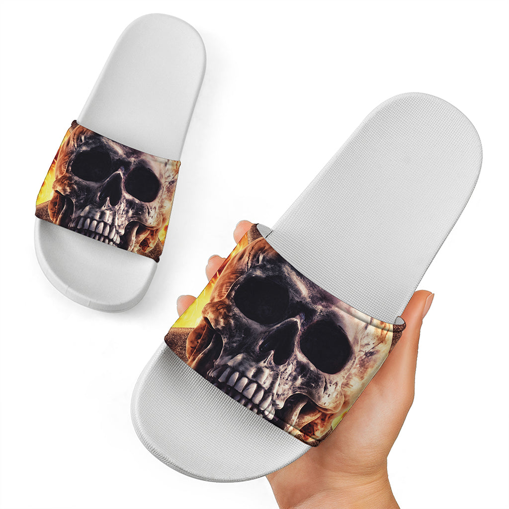 Flaming Skull And Cross Wrench Print White Slide Sandals