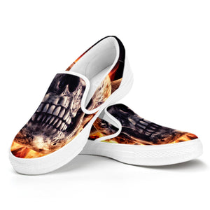 Flaming Skull And Cross Wrench Print White Slip On Shoes