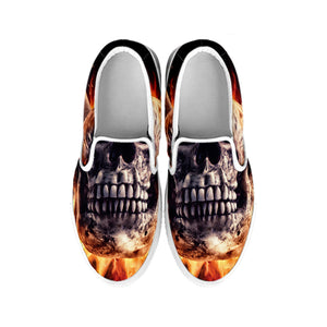 Flaming Skull And Cross Wrench Print White Slip On Shoes