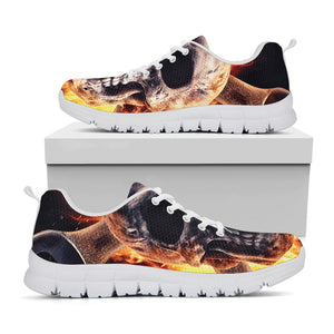 Flaming Skull And Cross Wrench Print White Sneakers