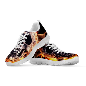 Flaming Skull And Cross Wrench Print White Sneakers