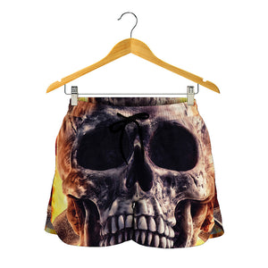 Flaming Skull And Cross Wrench Print Women's Shorts