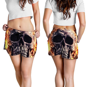 Flaming Skull And Cross Wrench Print Women's Shorts