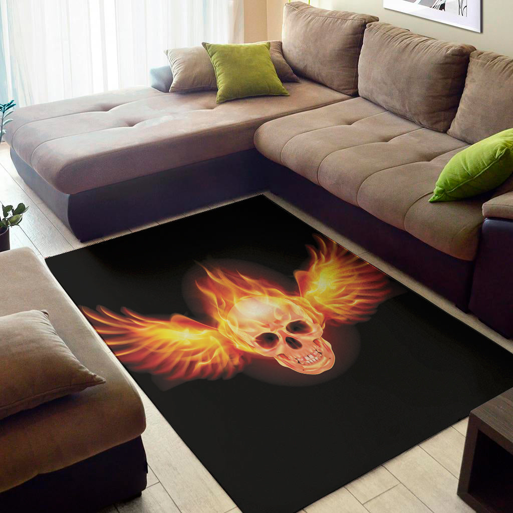 Flaming Skull With Fire Wings Print Area Rug