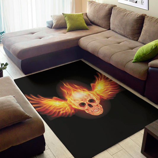 Flaming Skull With Fire Wings Print Area Rug