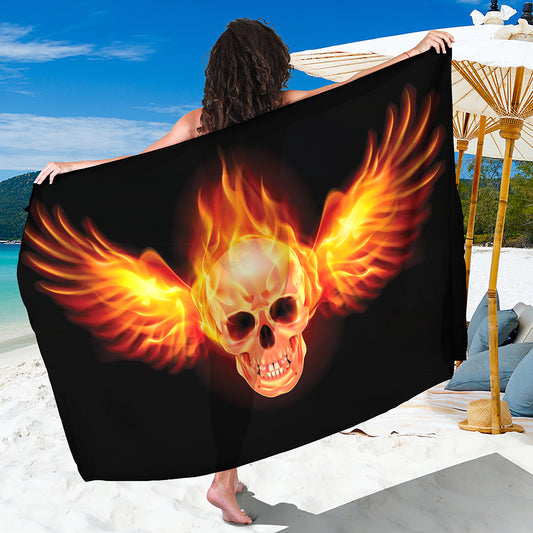 Flaming Skull With Fire Wings Print Beach Sarong Wrap