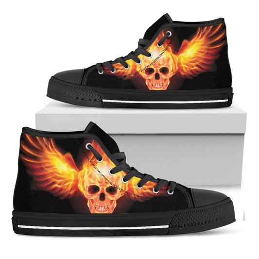 Flaming Skull With Fire Wings Print Black High Top Shoes