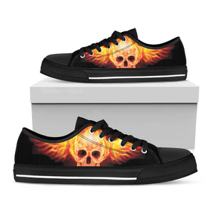 Flaming Skull With Fire Wings Print Black Low Top Shoes 