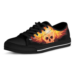 Flaming Skull With Fire Wings Print Black Low Top Shoes 