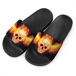 Flaming Skull With Fire Wings Print Black Slide Sandals