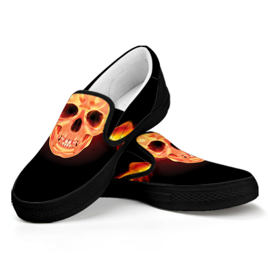 Flaming Skull With Fire Wings Print Black Slip On Shoes