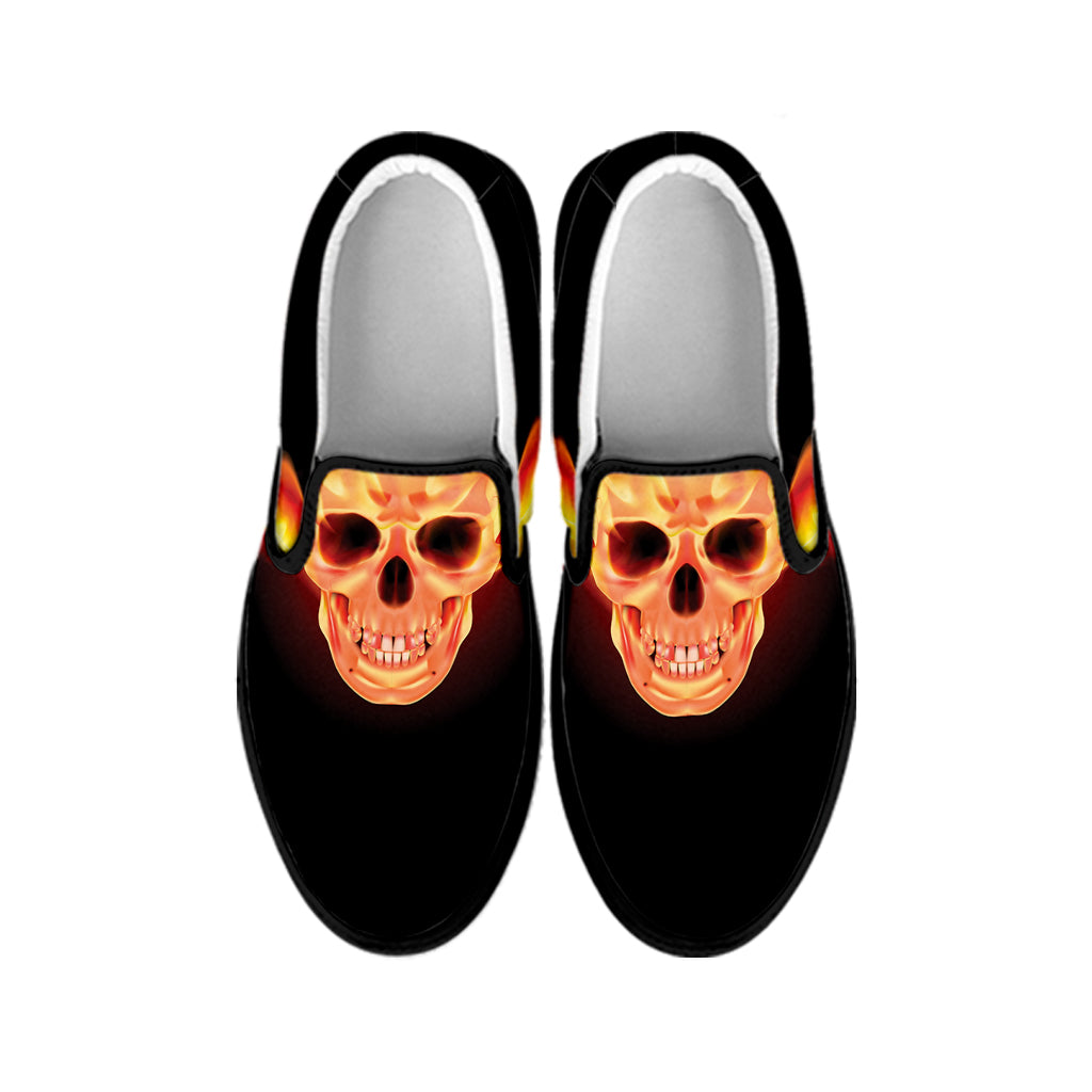 Flaming Skull With Fire Wings Print Black Slip On Shoes