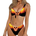 Flaming Skull With Fire Wings Print Front Bow Tie Bikini