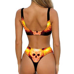 Flaming Skull With Fire Wings Print Front Bow Tie Bikini