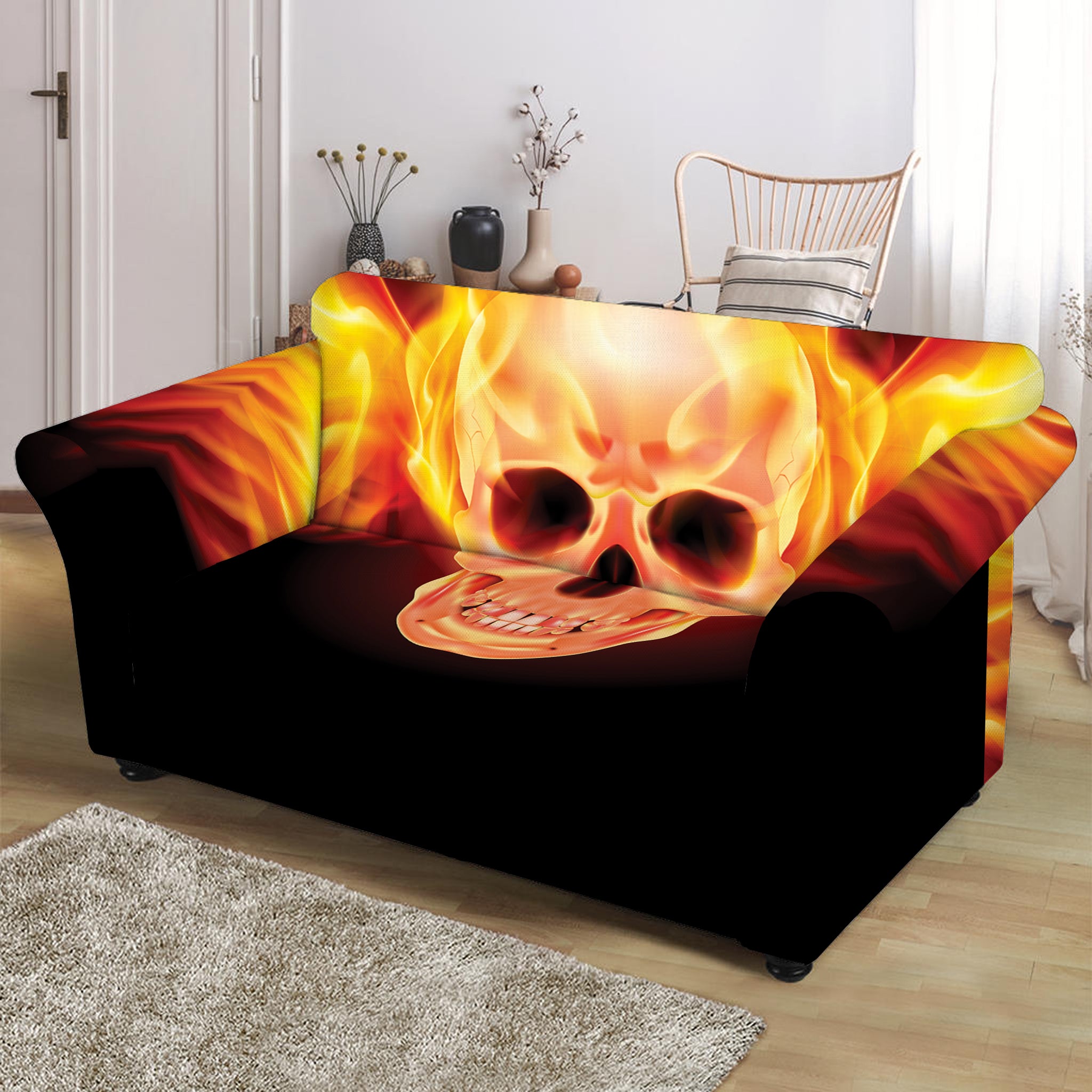 Flaming Skull With Fire Wings Print Loveseat Slipcover