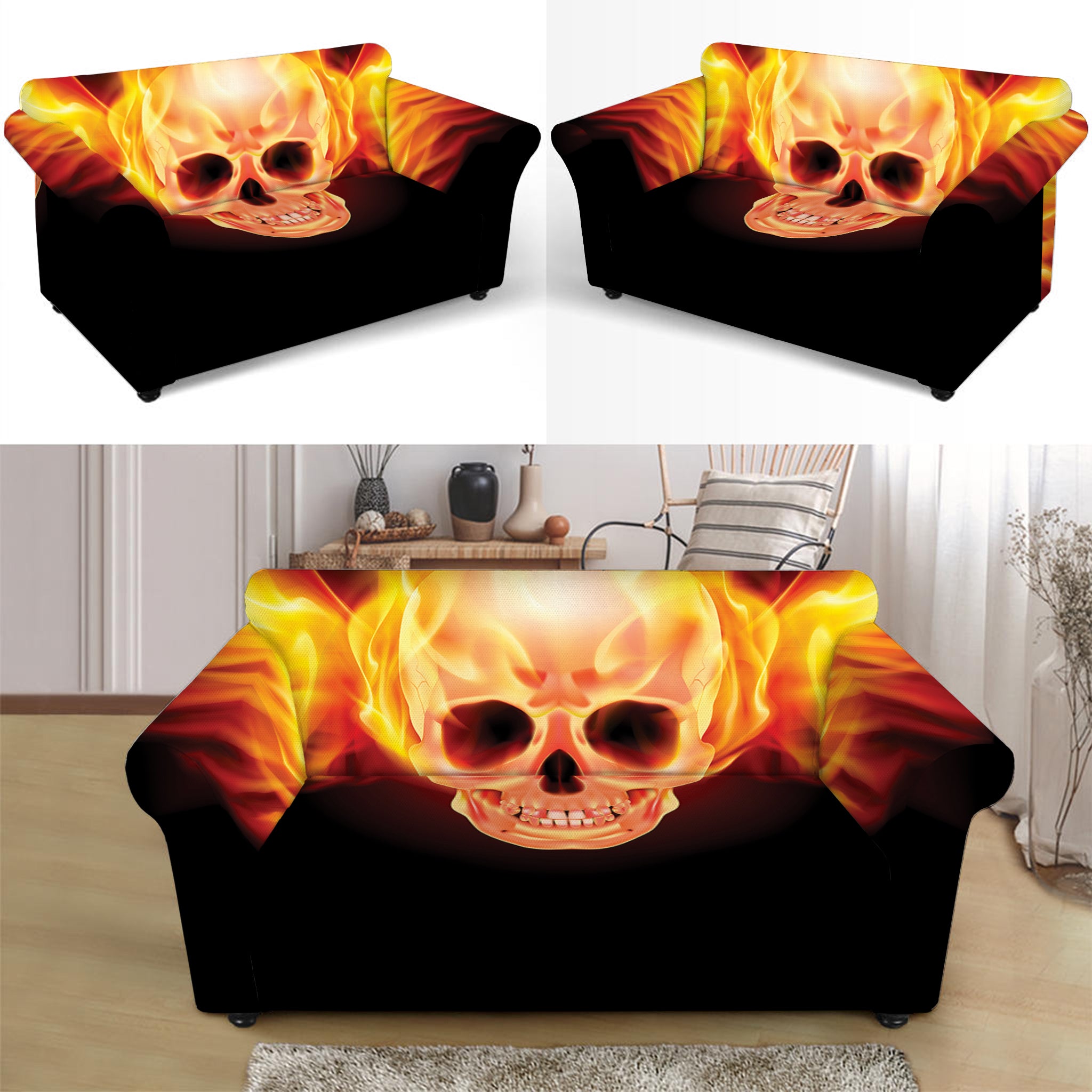 Flaming Skull With Fire Wings Print Loveseat Slipcover