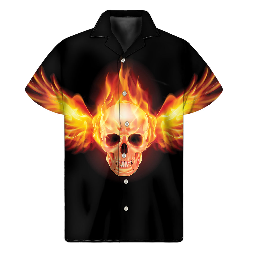 Flaming Skull With Fire Wings Print Men's Short Sleeve Shirt