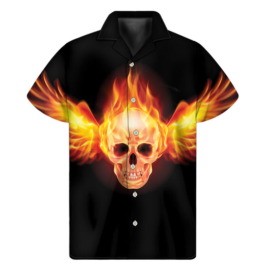 Flaming Skull With Fire Wings Print Men's Short Sleeve Shirt