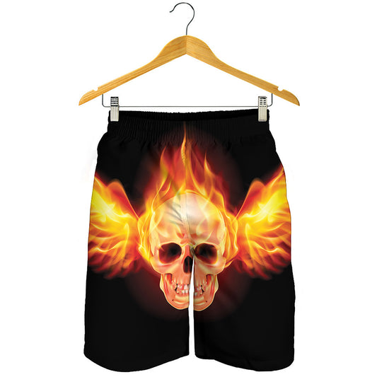 Flaming Skull With Fire Wings Print Men's Shorts