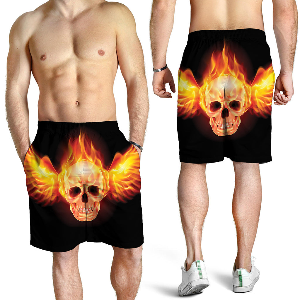 Flaming Skull With Fire Wings Print Men's Shorts