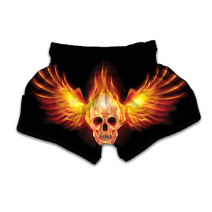 Flaming Skull With Fire Wings Print Muay Thai Boxing Shorts