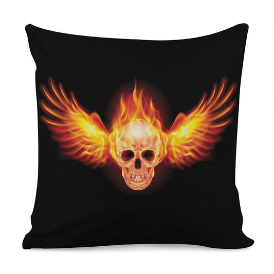 Flaming Skull With Fire Wings Print Pillow Cover