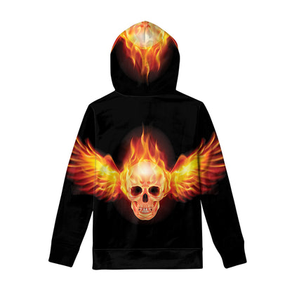 Flaming Skull With Fire Wings Print Pullover Hoodie