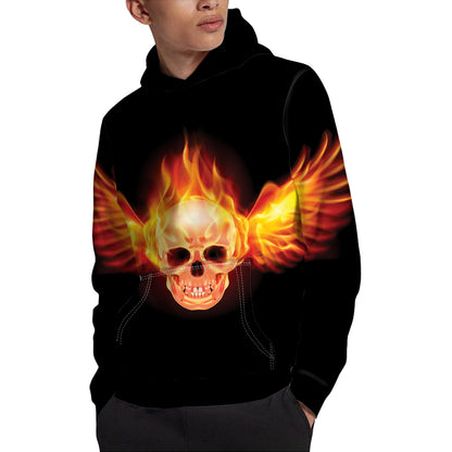 Flaming Skull With Fire Wings Print Pullover Hoodie