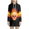 Flaming Skull With Fire Wings Print Pullover Hoodie Dress