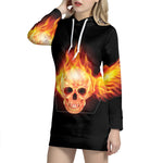 Flaming Skull With Fire Wings Print Pullover Hoodie Dress