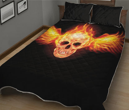 Flaming Skull With Fire Wings Print Quilt Bed Set