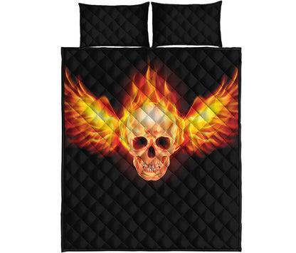 Flaming Skull With Fire Wings Print Quilt Bed Set