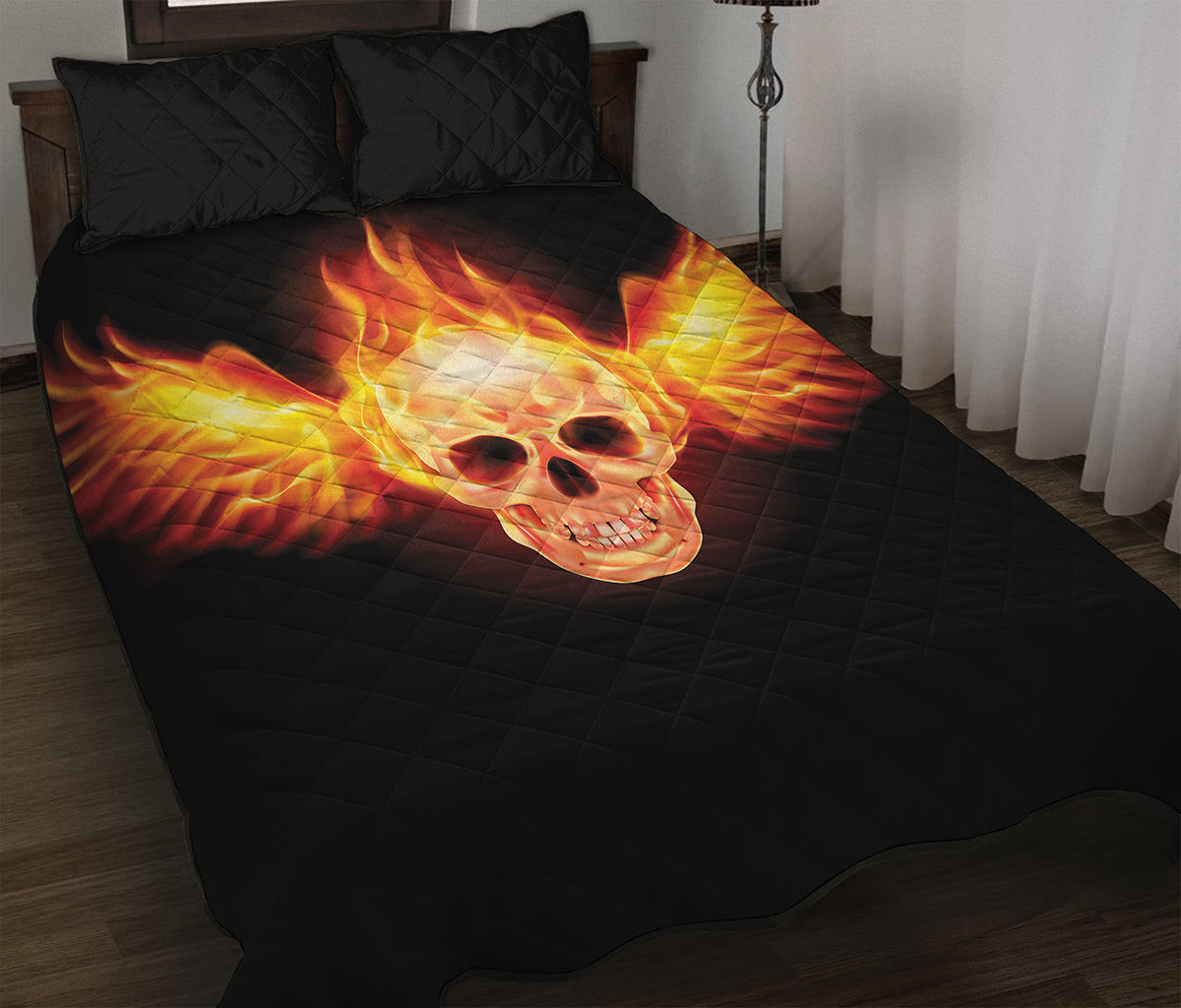 Flaming Skull With Fire Wings Print Quilt Bed Set