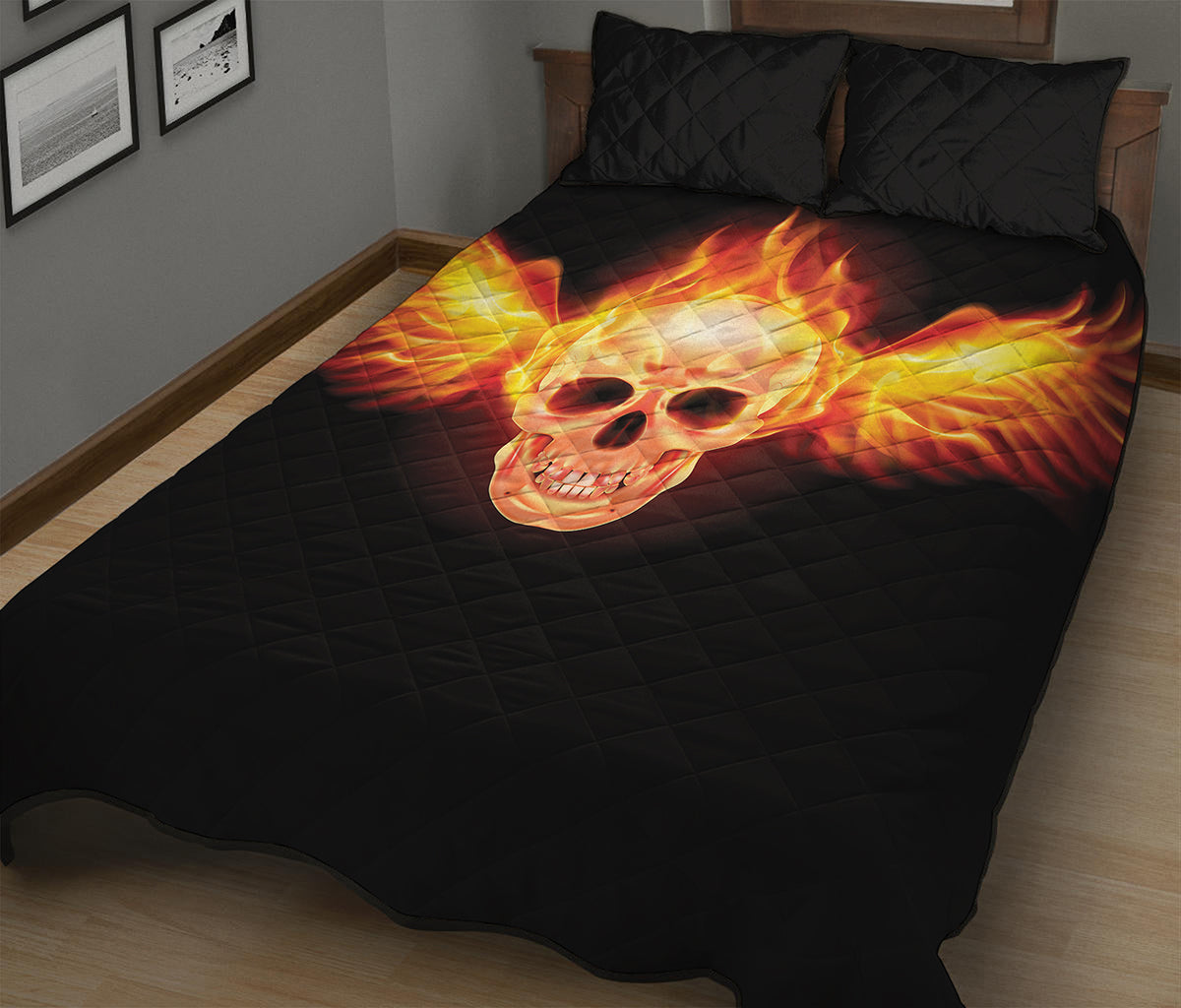 Flaming Skull With Fire Wings Print Quilt Bed Set
