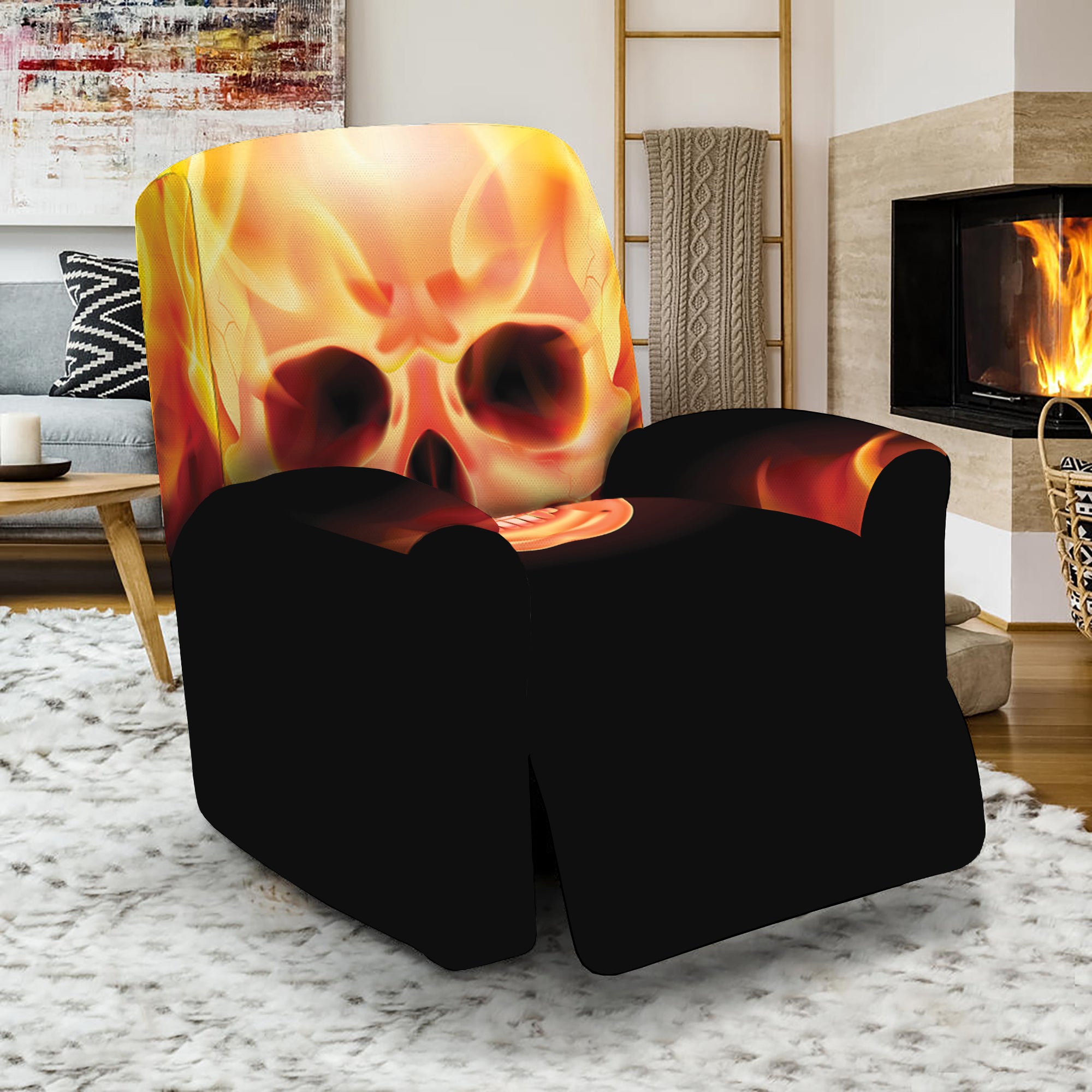 Flaming Skull With Fire Wings Print Recliner Slipcover