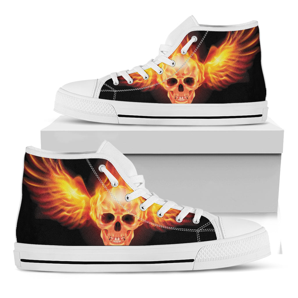 Flaming Skull With Fire Wings Print White High Top Shoes
