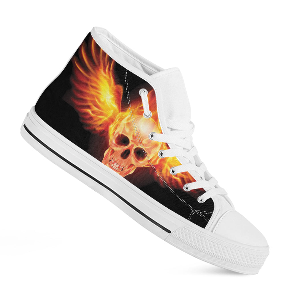 Flaming Skull With Fire Wings Print White High Top Shoes