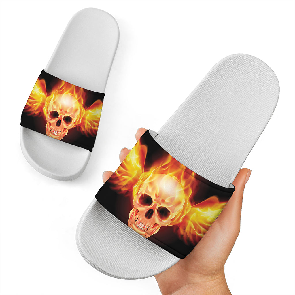Flaming Skull With Fire Wings Print White Slide Sandals