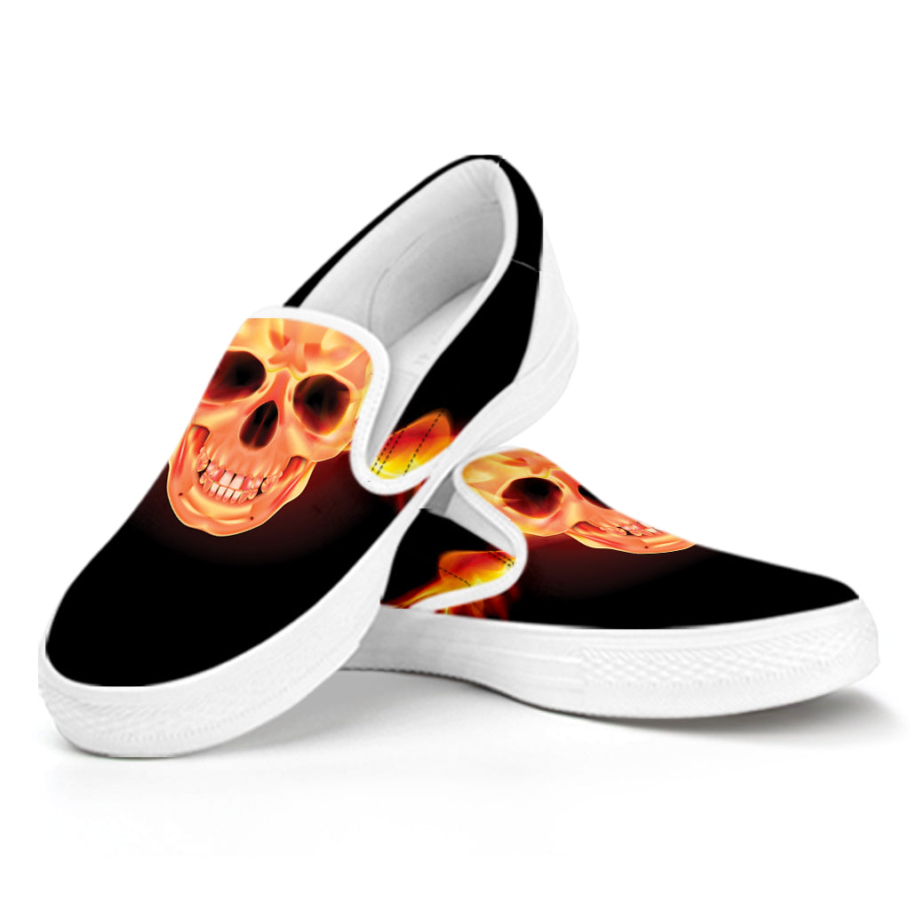 Flaming Skull With Fire Wings Print White Slip On Shoes