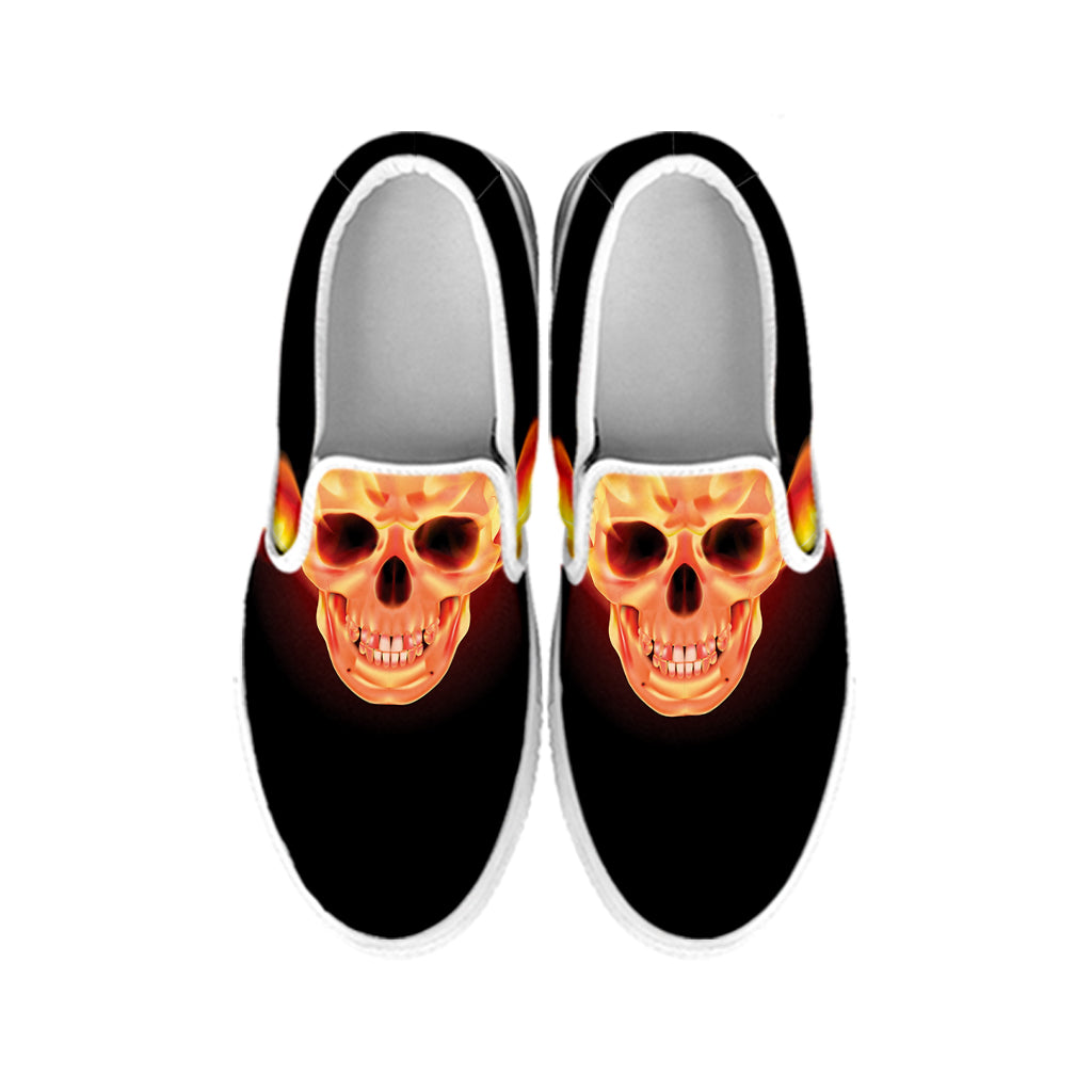 Flaming Skull With Fire Wings Print White Slip On Shoes
