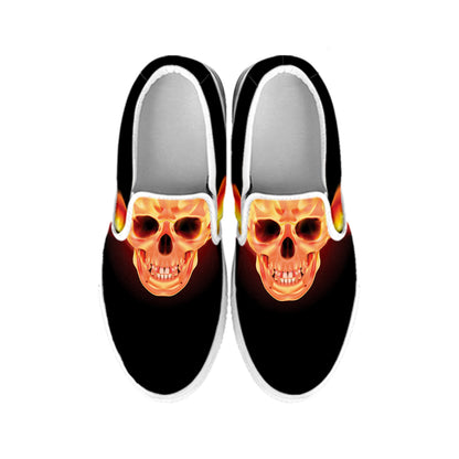Flaming Skull With Fire Wings Print White Slip On Shoes