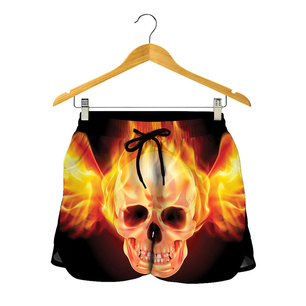 Flaming Skull With Fire Wings Print Women's Shorts