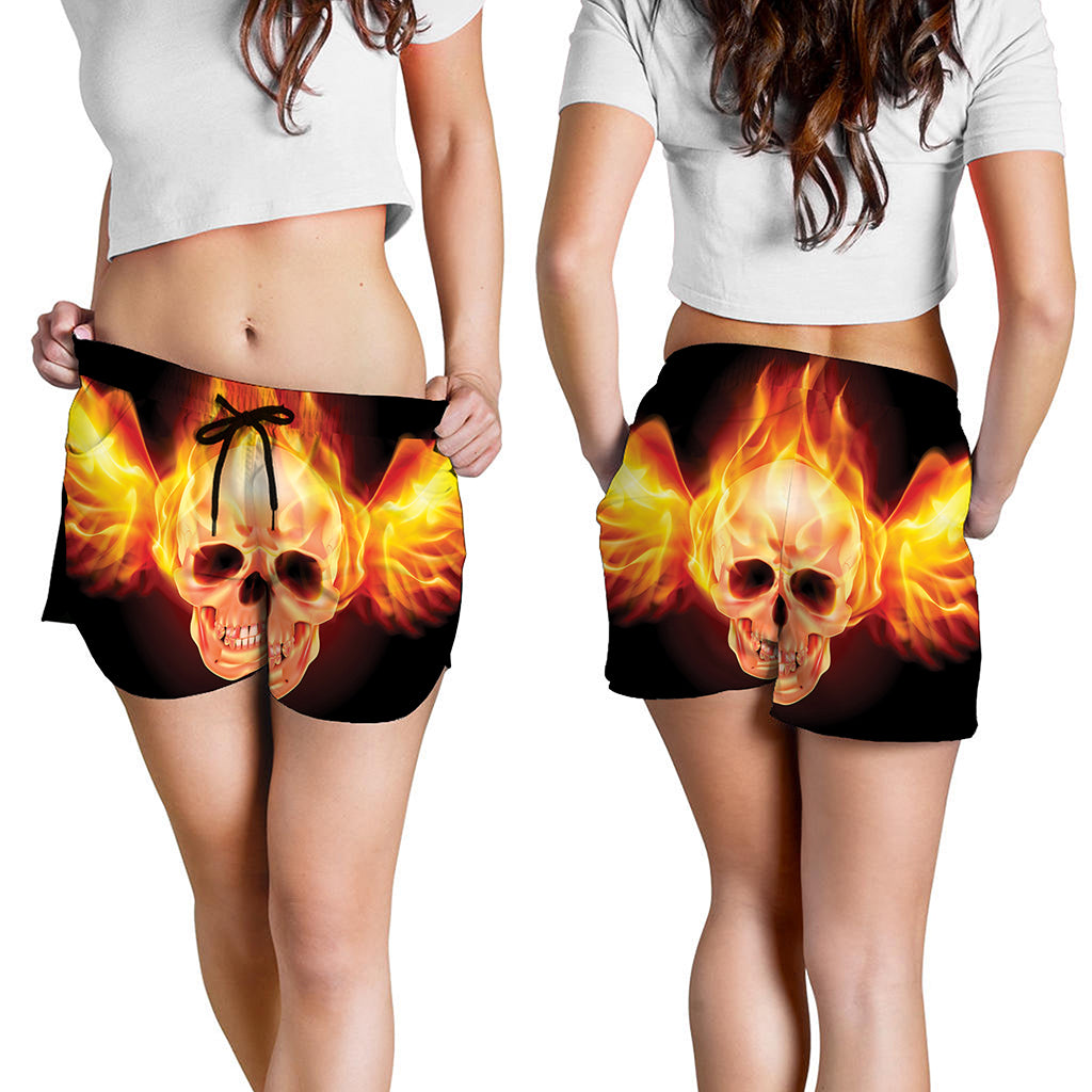 Flaming Skull With Fire Wings Print Women's Shorts