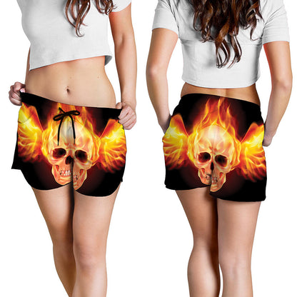 Flaming Skull With Fire Wings Print Women's Shorts